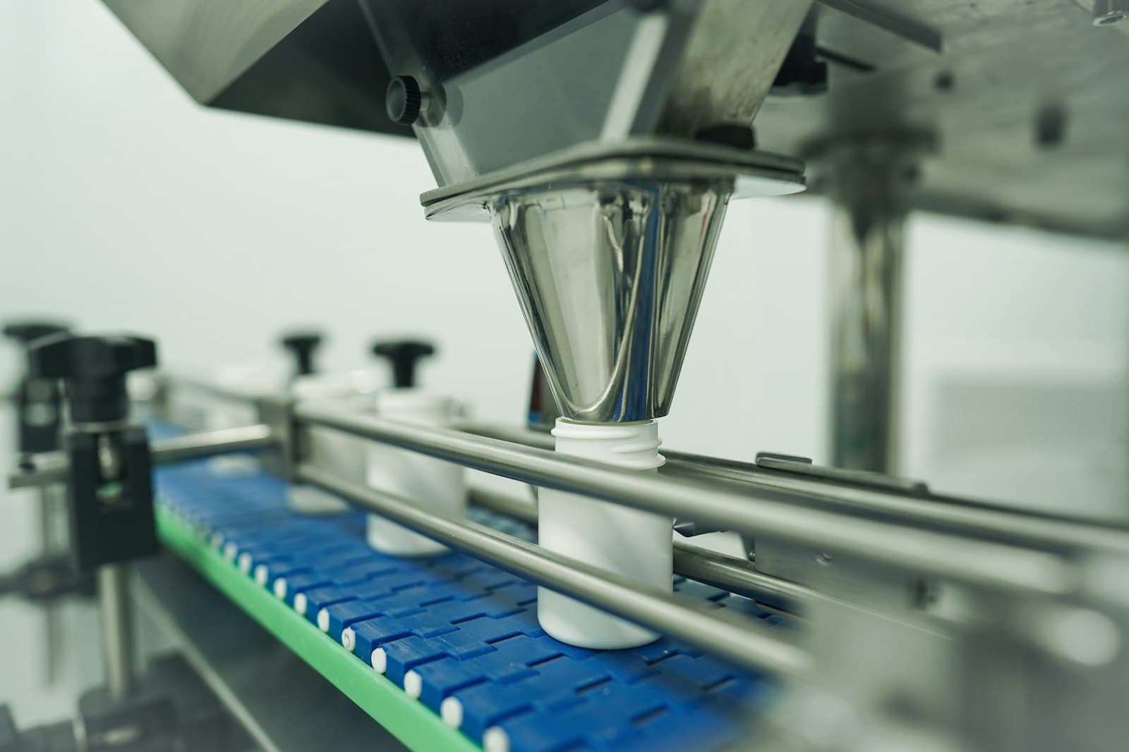 Bottles on an automated filling and packaging line